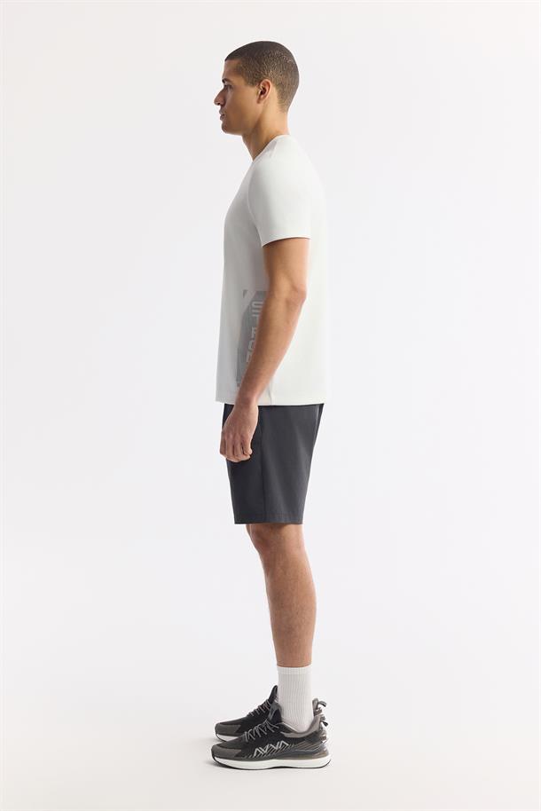 Beyaz Bisiklet Yaka Baskılı Bi-Stretch İnterlok T-Shirt