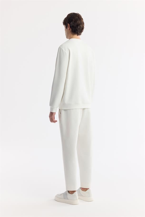 Beyaz Bisiklet Yaka Baskılı Bi-Stretch İnterlok Sweatshirt