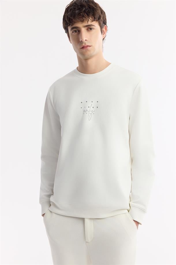 Beyaz Bisiklet Yaka Baskılı Bi-Stretch İnterlok Sweatshirt