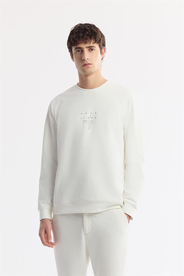 Beyaz Bisiklet Yaka Baskılı Bi-Stretch İnterlok Sweatshirt