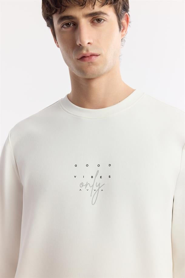 Beyaz Bisiklet Yaka Baskılı Bi-Stretch İnterlok Sweatshirt