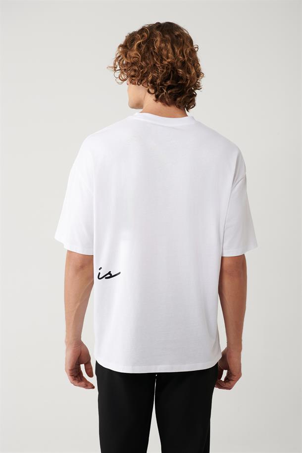 Beyaz %100 Pamuk Bisiklet Yaka Baskılı T-Shirt