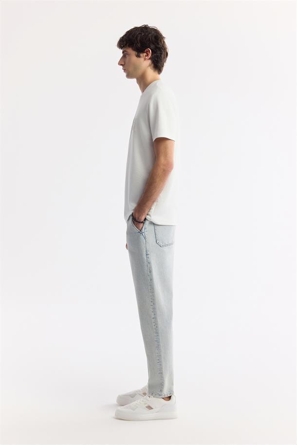 Beyaz Bisiklet Yaka Baskılı Bi-Stretch İnterlok T-Shirt