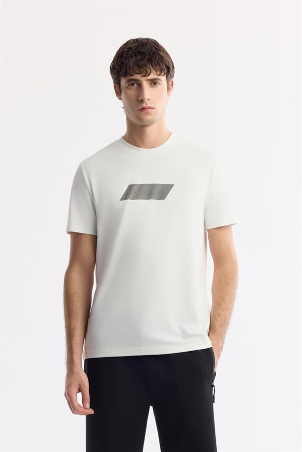 Beyaz Bisiklet Yaka Baskılı Rayon Soft Touch T-Shirt