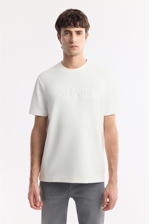 Beyaz Bisiklet Yaka Baskılı Bi-Stretch İnterlok T-Shirt