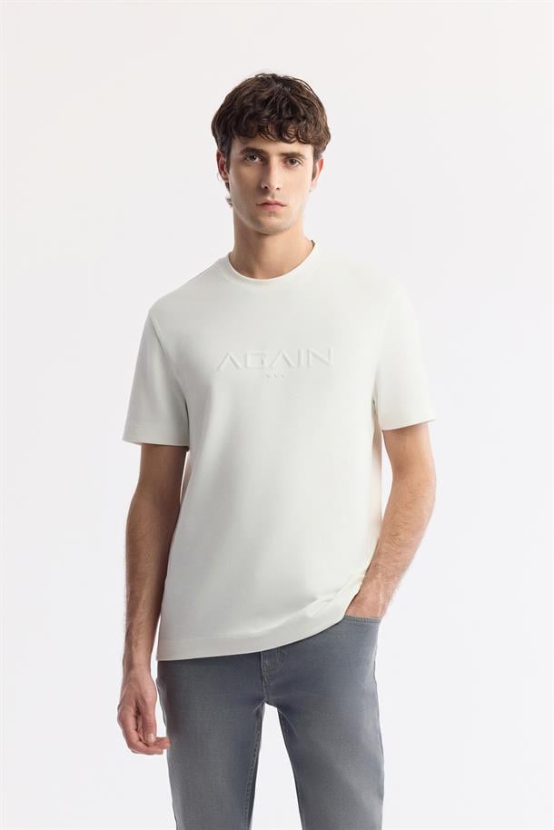 Beyaz Bisiklet Yaka Baskılı Bi-Stretch İnterlok T-Shirt