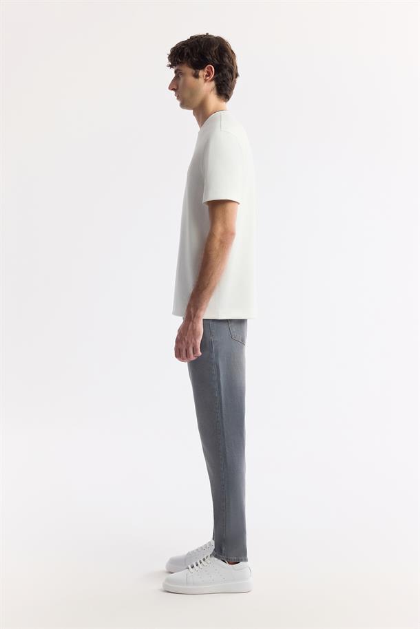 Beyaz Bisiklet Yaka Baskılı Bi-Stretch İnterlok T-Shirt