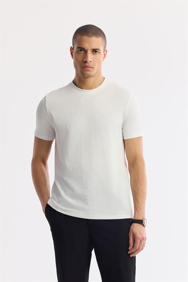 Beyaz Bisiklet Yaka Jakarlı Elastan T-Shirt