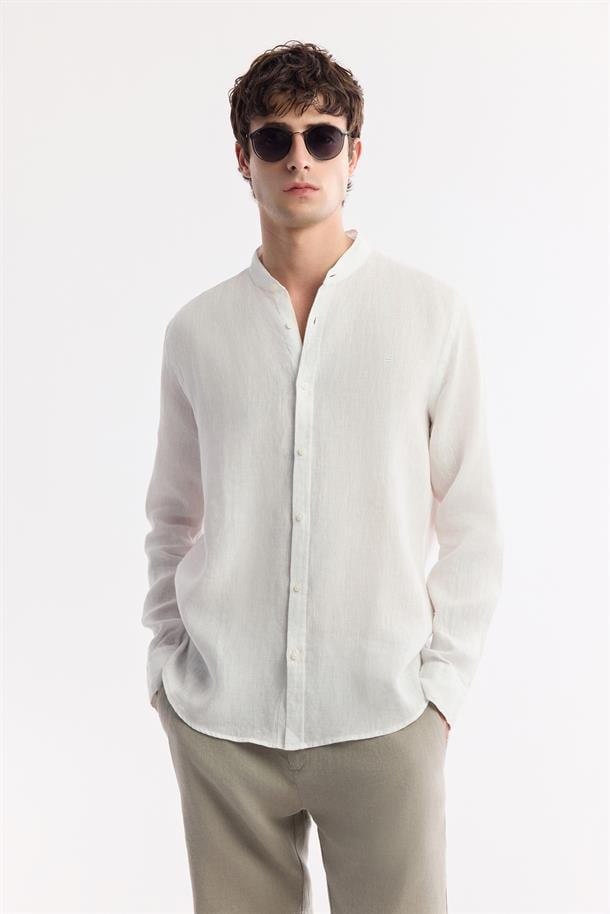 Beyaz Hakim Yaka %100 Keten Gömlek