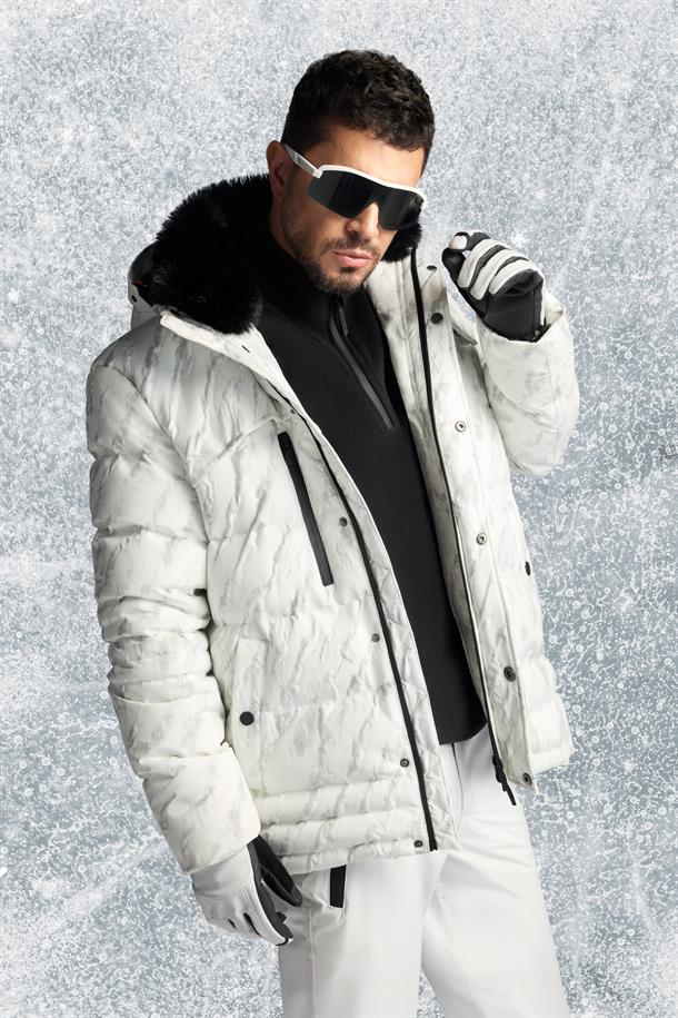 Beyaz Kapüşonlu Rüzgar Geçirmez -15 Dereceye Dayanıklı Kayak Montu