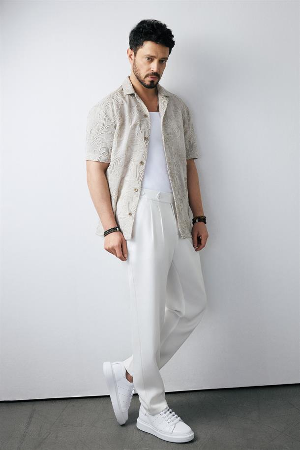 Beyaz Klasik Bel Viskon Karışımlı Bi-Stretch Pantolon