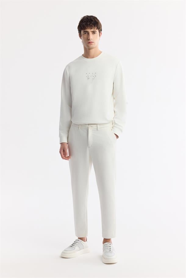 Beyaz Klasik Bel Pamuklu Jersey Pantolon