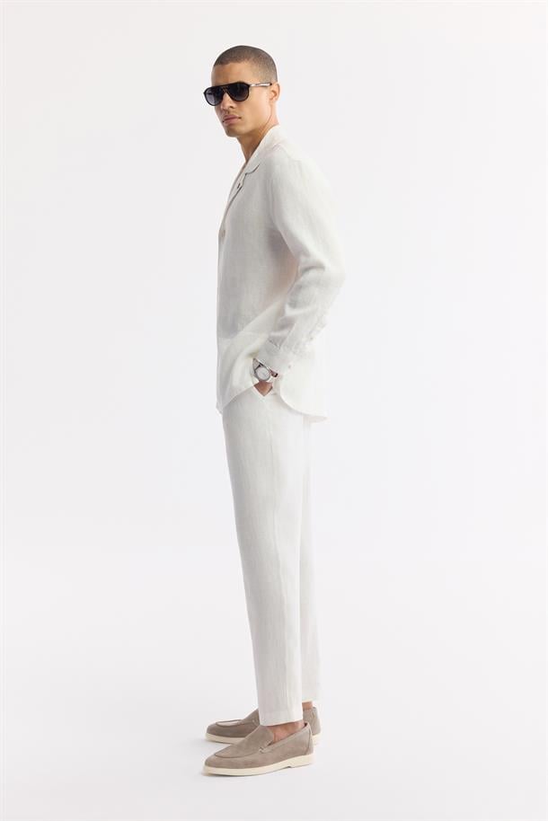 Beyaz Apaj Yaka %100 Keten Gömlek