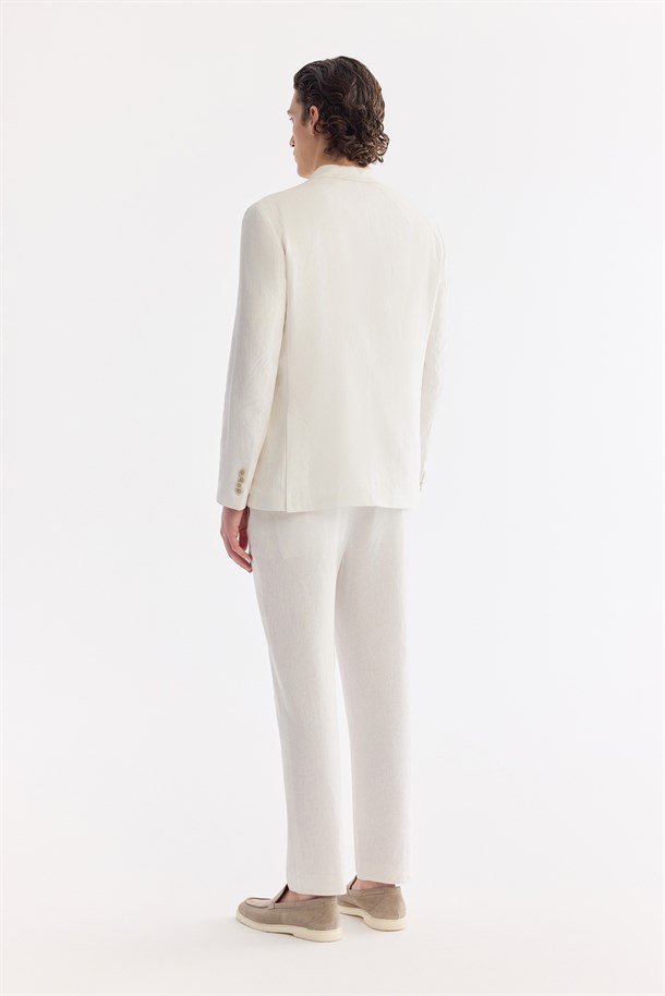 Beyaz Mono Yaka Keten Karışımlı Tek Düğme Ceket