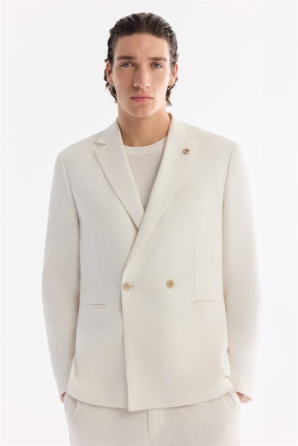 Beyaz Mono Yaka Keten Karışımlı Tek Düğme Ceket