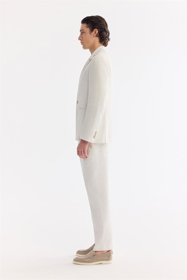 Beyaz Mono Yaka Keten Karışımlı Tek Düğme Ceket