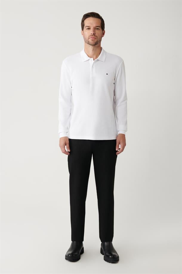 Beyaz Polo Yaka Kolay Ütülenen Basic Sweatshirt