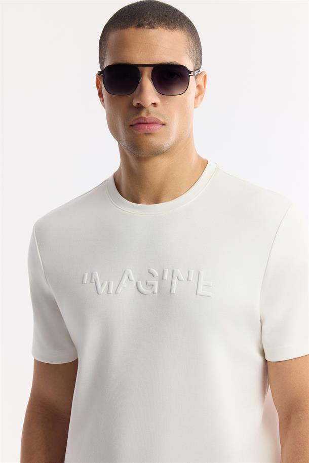 Beyaz Bisiklet Yaka Baskılı Basic T-Shirt