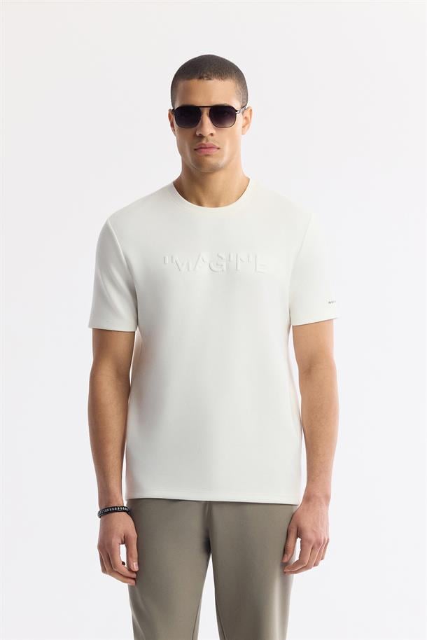 Beyaz Bisiklet Yaka Baskılı Basic T-Shirt