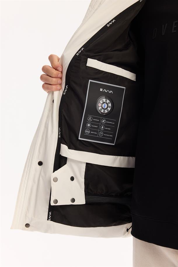 White Hooded Water Repellent Shiny Ski Puffer Jacket Resistant to -10°C