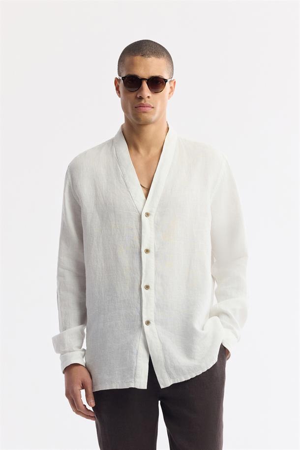 Beyaz V Yaka %100 Keten Gömlek