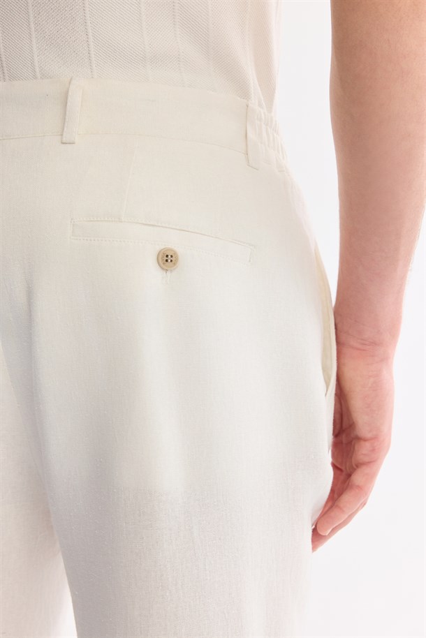 Beyaz Beli Lastikli Keten Karışımlı Pantolon