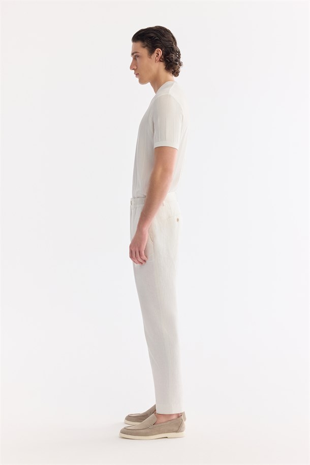 Beyaz Beli Lastikli Keten Karışımlı Pantolon