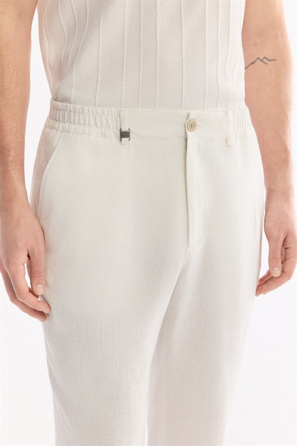 Beyaz Beli Lastikli Keten Karışımlı Pantolon