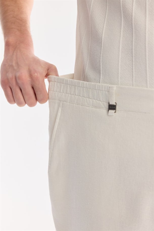 Beyaz Beli Lastikli Keten Karışımlı Pantolon