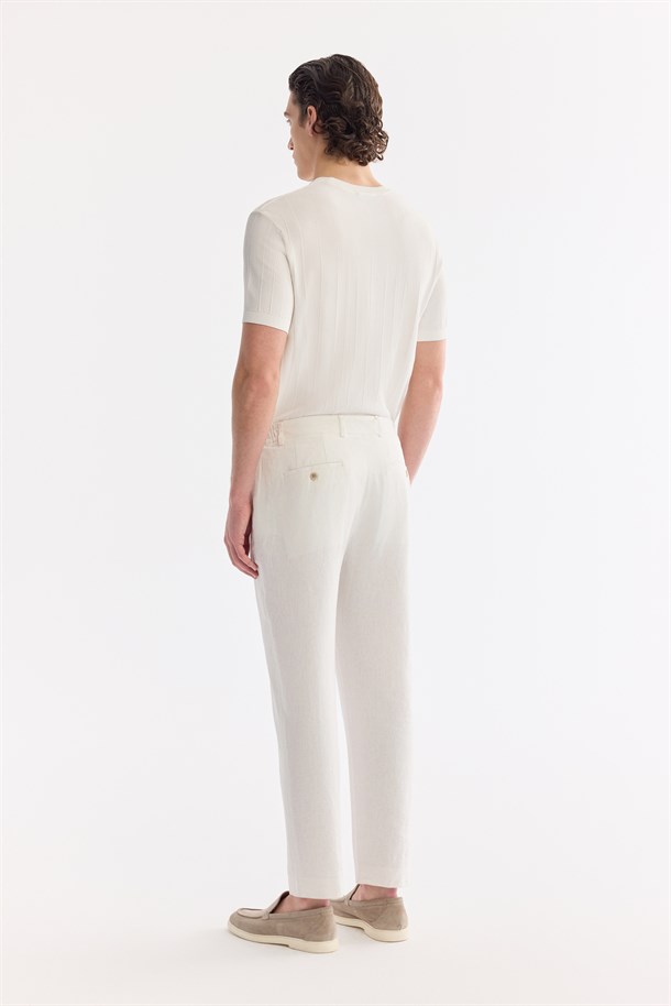 Beyaz Beli Lastikli Keten Karışımlı Pantolon