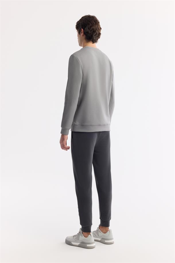 Gri Bisiklet Yaka Baskılı Bi-Stretch İnterlok Sweatshirt