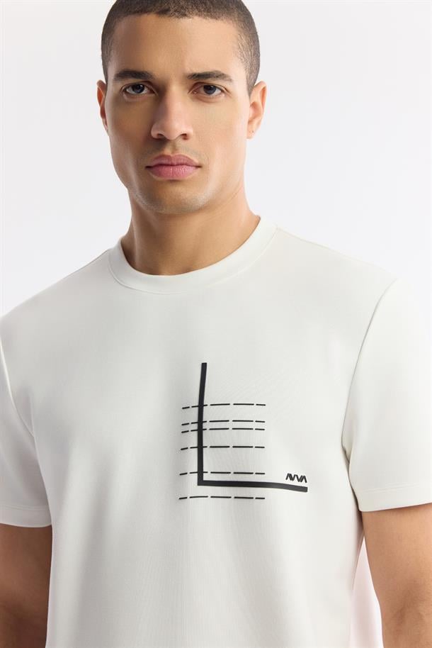Ekru Bisiklet Yaka Baskılı Bi-Stretch İnterlok T-Shirt