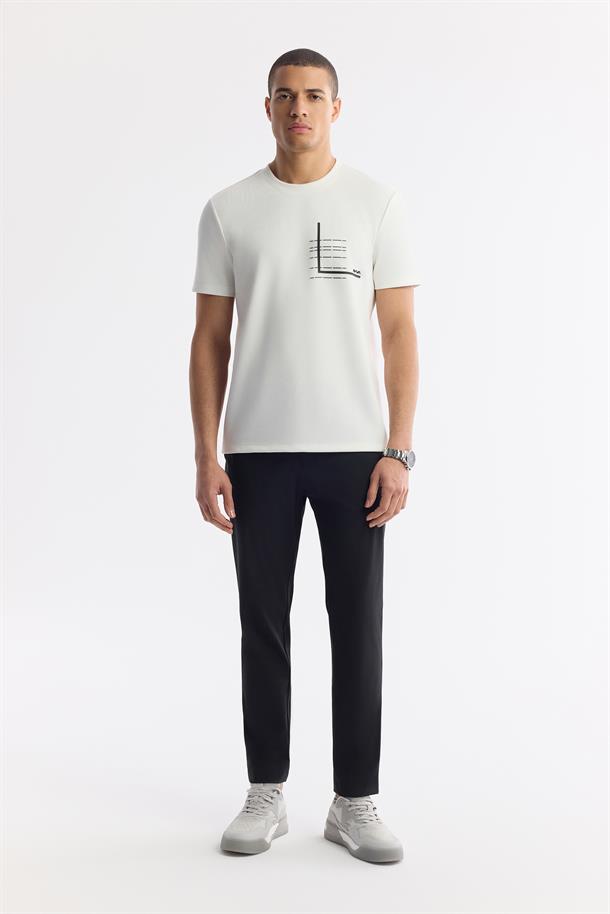 Ekru Bisiklet Yaka Baskılı Bi-Stretch İnterlok T-Shirt