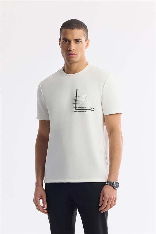 Ekru Bisiklet Yaka Baskılı Bi-Stretch İnterlok T-Shirt