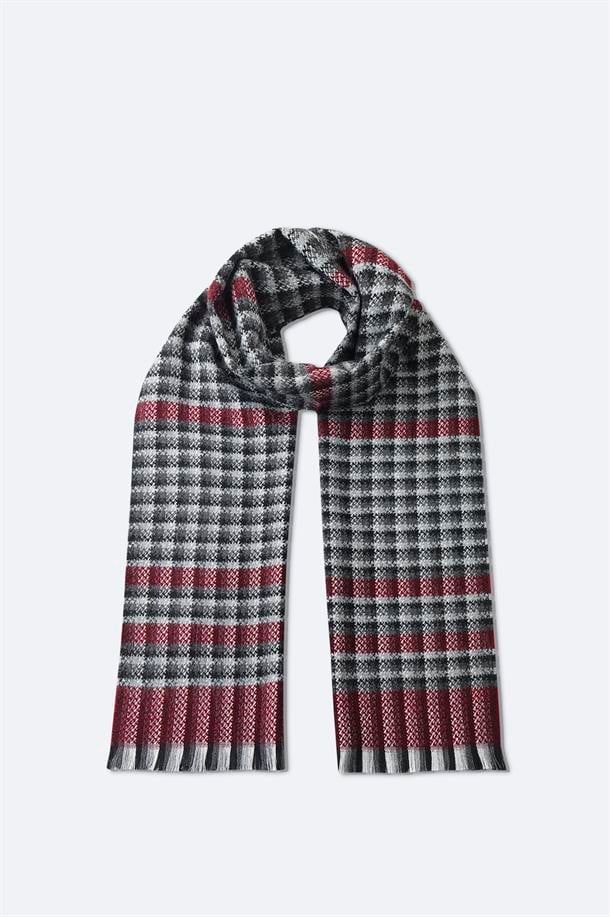 Bordo-Antrasit Yün Karışımlı Püsküllü Desenli Şal