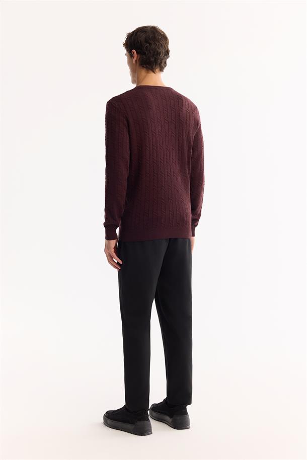 Bordo Bisiklet Yaka %100 Akrilik Dokulu Triko Kazak