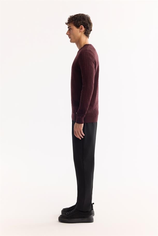 Bordo Bisiklet Yaka %100 Akrilik Dokulu Triko Kazak