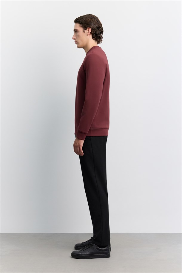 Bordo Bisiklet Yaka Göğüs Rubber  Logolu İnterlok Sweatshirt