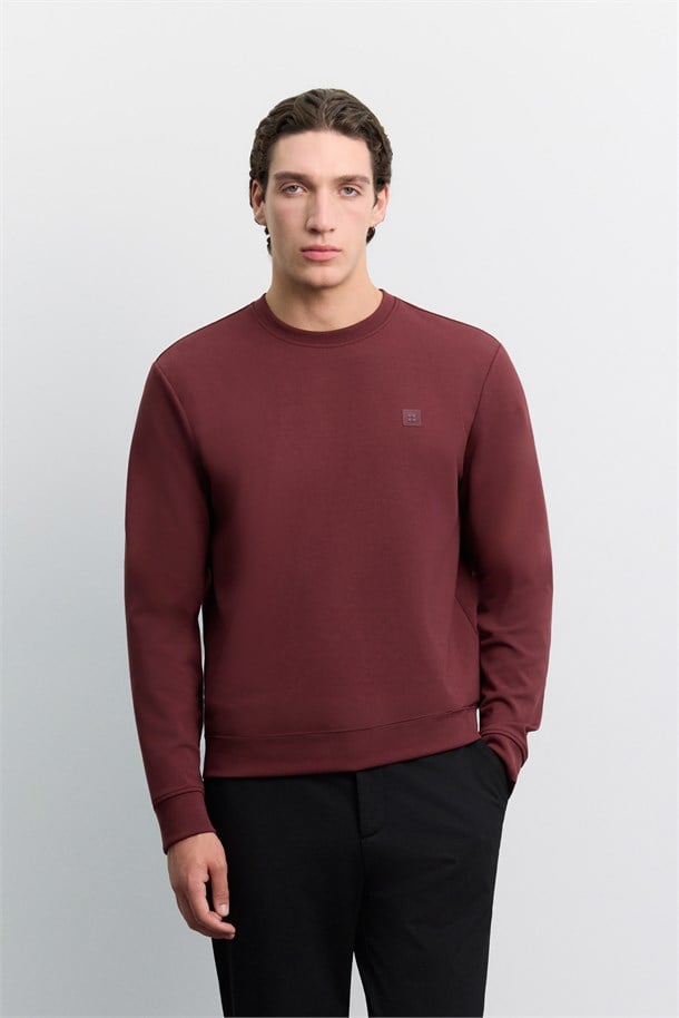 Bordo Bisiklet Yaka Göğüs Rubber  Logolu İnterlok Sweatshirt