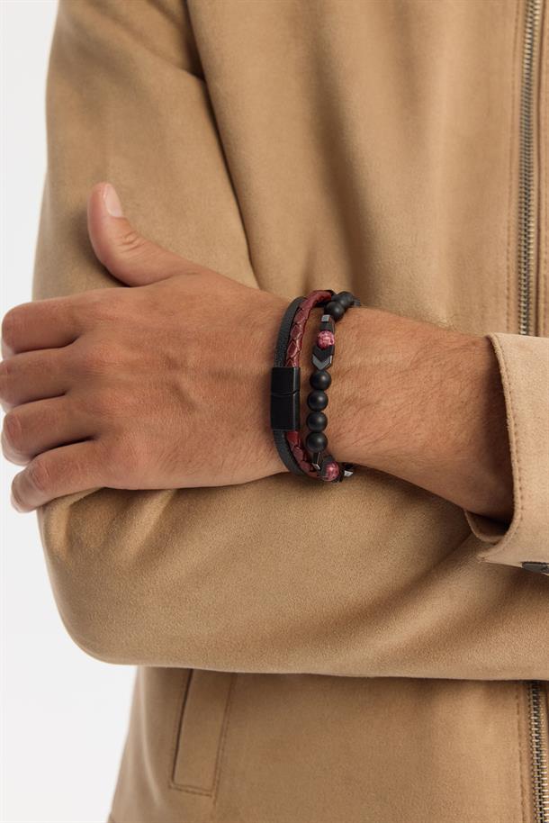 Bordo Deri Ceyt ve Hematit Taşlı Bileklik