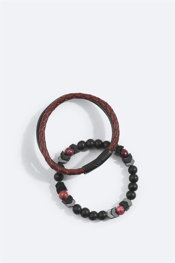 Bordo Deri Ceyt ve Hematit Taşlı Bileklik