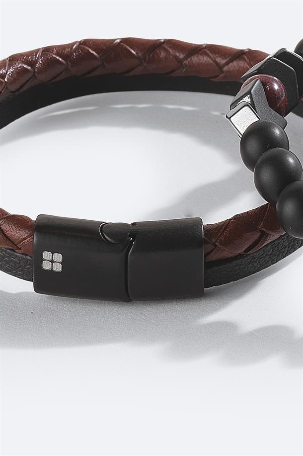 Bordo Deri Ceyt ve Hematit Taşlı Bileklik
