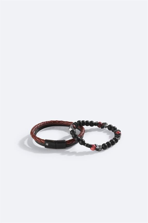 Bordo Deri Ceyt ve Hematit Taşlı Bileklik