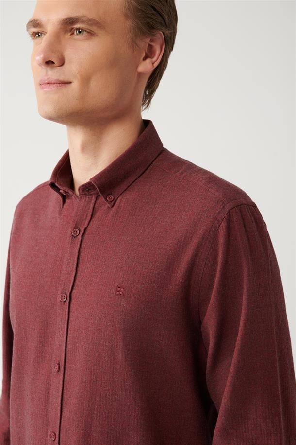 Bordo Düğmeli Yaka %100 Pamuk Gömlek