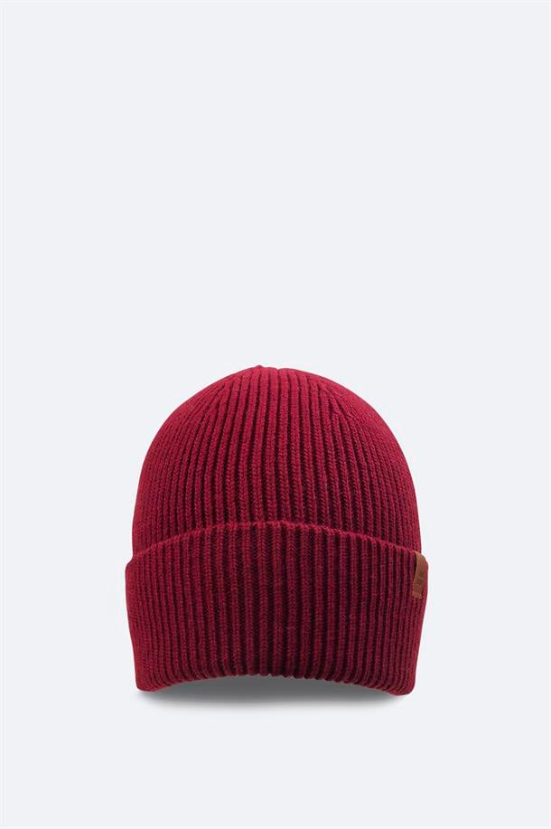 Burgundy Wool Blend Logo Ribbed Beanie