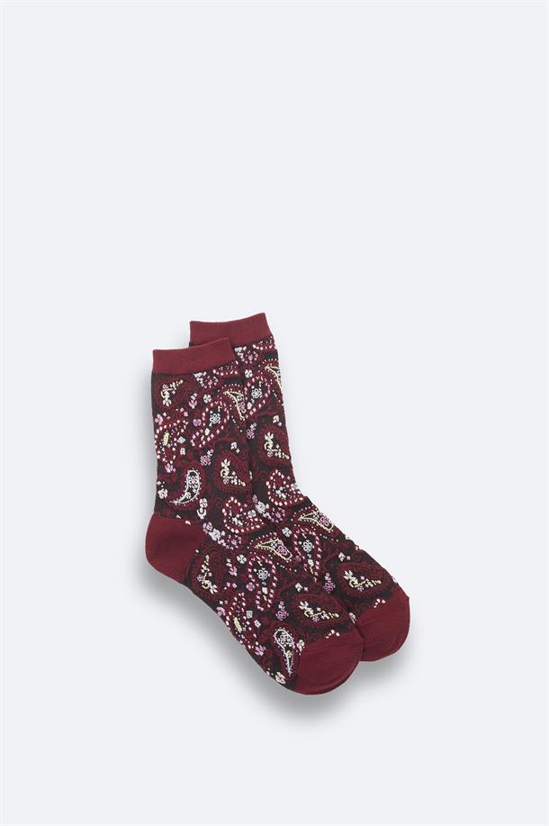 Bordo Pamuklu Desenli Soket Çorap