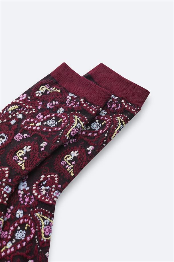 Bordo Pamuklu Desenli Soket Çorap