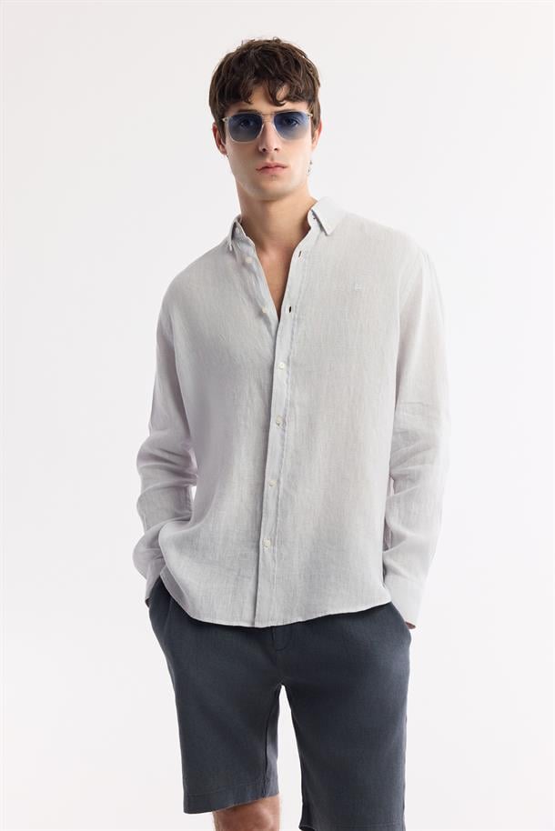 Buz Gri Düğmeli Yaka %100 Keten Gömlek