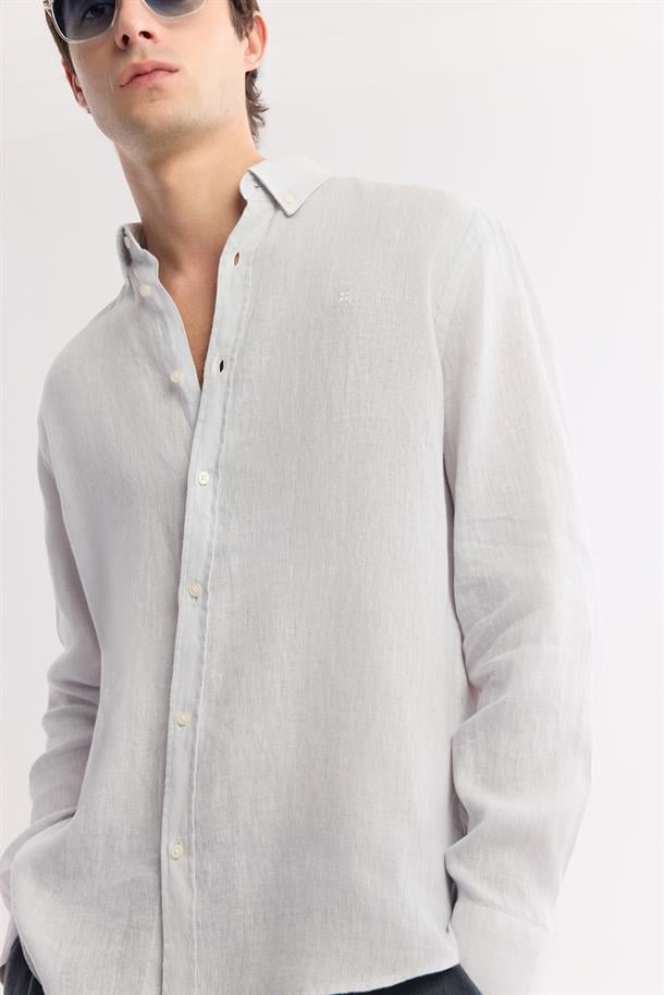 Buz Gri Düğmeli Yaka %100 Keten Gömlek