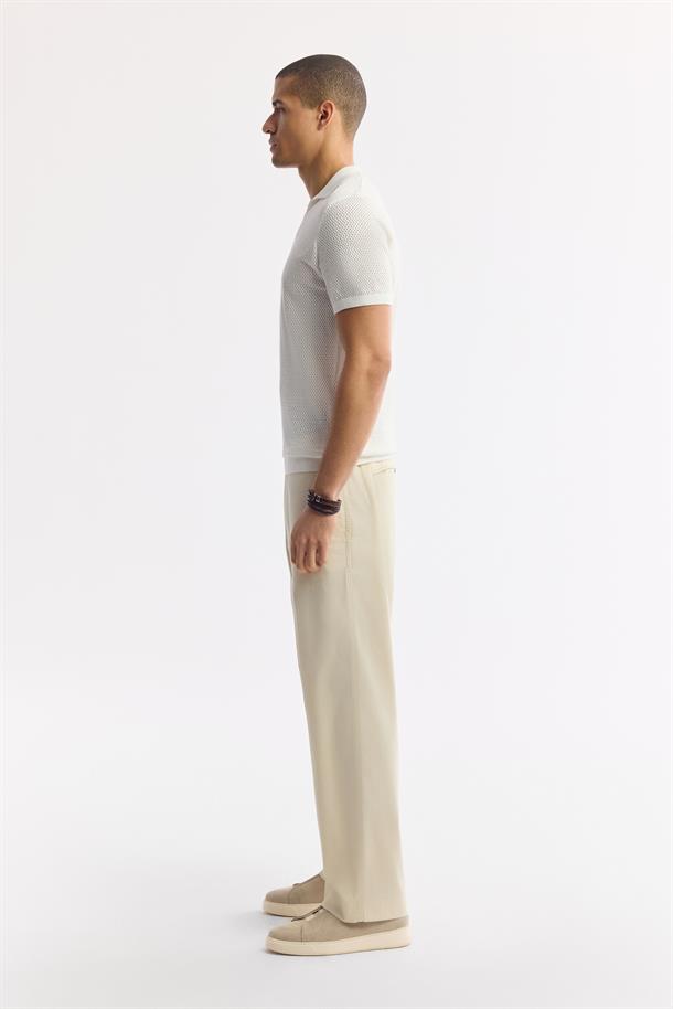 Ekru Polo Yaka Viskon Karışımlı Triko T-Shirt